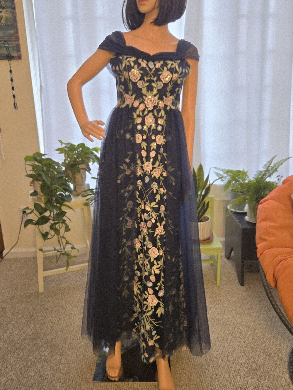 NWT JJs House Navy Floral Embroidered Off-Shoulder Maxi Gown